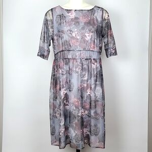 Blue Sky Dress 3/4 Sleeves Sheer Mesh Silver Pink Large Floral Bamboo Size Large
